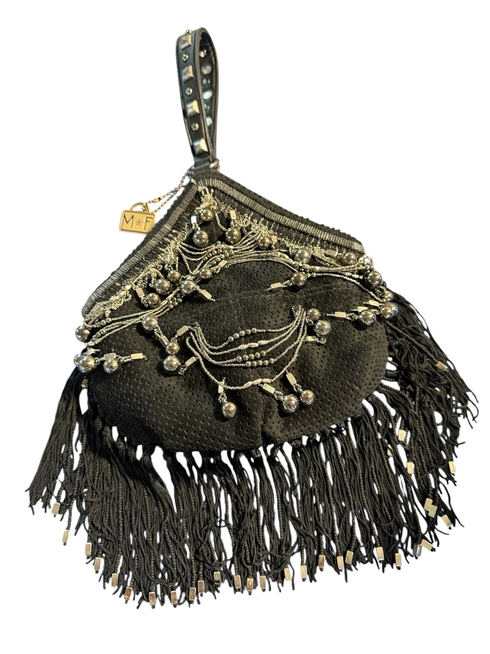 NWT! Mary Frances Beaded Fringe Pouchette Swag Bag in Black Perforated Nubuck
